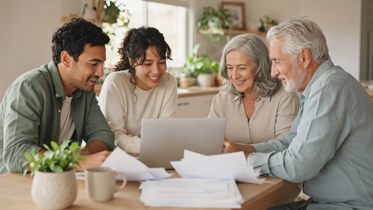 A young couple and their parents looking over home loan papers together at the kitchen table