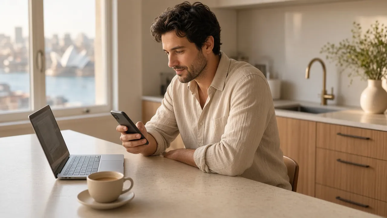 A man at a kitchen bench checking his phone beside a laptop and a cup of coffee, with Sydney Harbour through the window