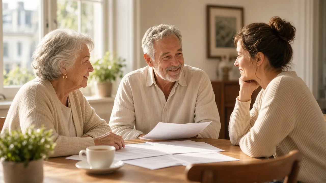Grandparents and an adult daughter going through paperwork together at a table